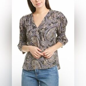 Rebecca Taylor 100% Silk Paisley Print V Neck Blouse Puff Sleeve
